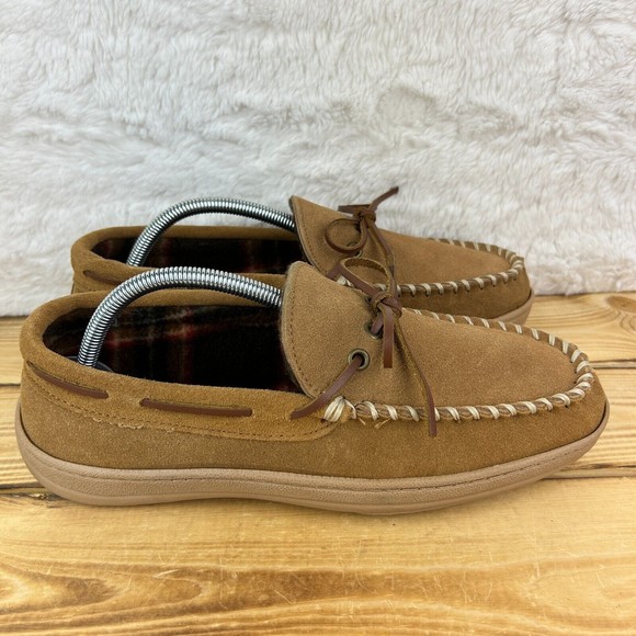 NEW Nunn Bush Mens Size 9 Slippers Eddie Mocassin Tan Leather Faux Fur Plaid - Picture 1 of 12
